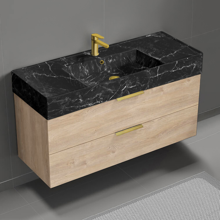 Nameeks DERIN940 48 Inch Bathroom Vanity With Black Marble Design Sink, Floating, Brown Oak